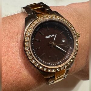 Fossil watch - rhinestone dial and matte brown band with gold accents.